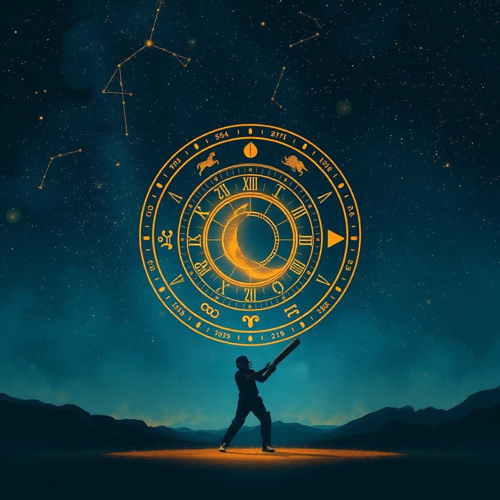 A cricketer at the crease under a starry cosmic sky with a glowing zodiac wheel