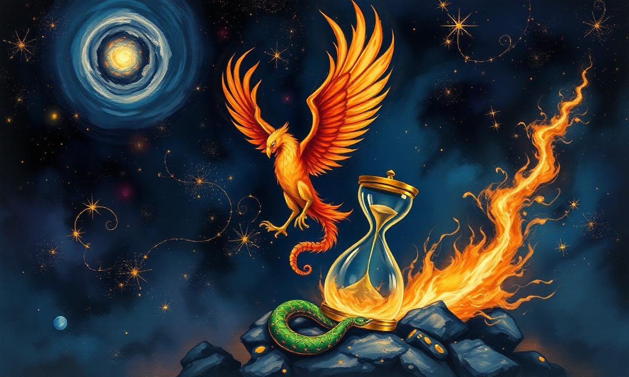 Phoenix rising from cosmic ashes with a serpent and hourglass — eighth house transformation