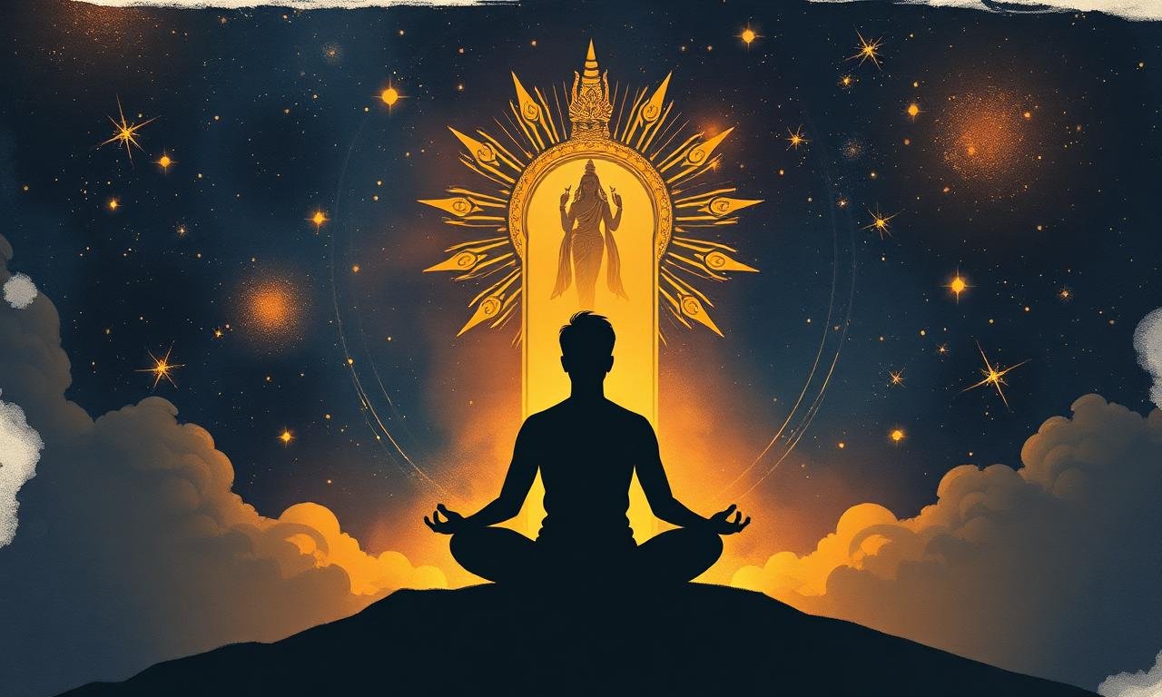 Meditating soul before a glowing doorway into the divine — finding one's Ishta Devata