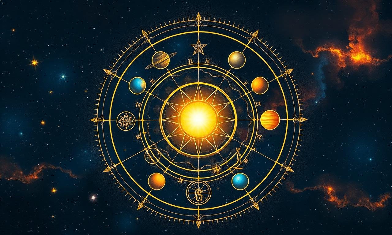 Mandala of the nine grahas of Vedic astrology around a glowing sun