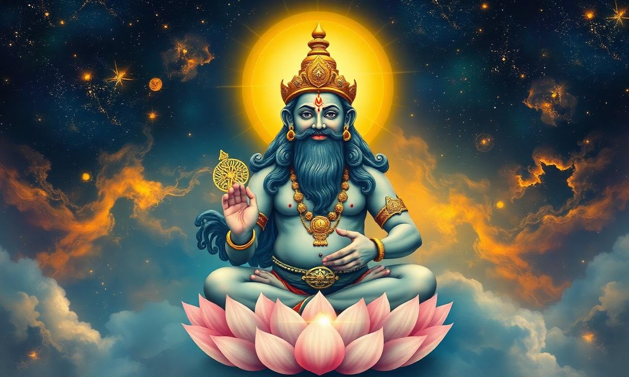 Lord Brahma, deity of Rohini Nakshatra, seated on a lotus amid cosmic clouds