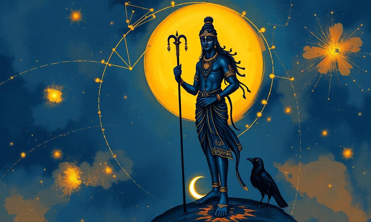 Shani standing over a crescent moon — Shani's Sade Sati