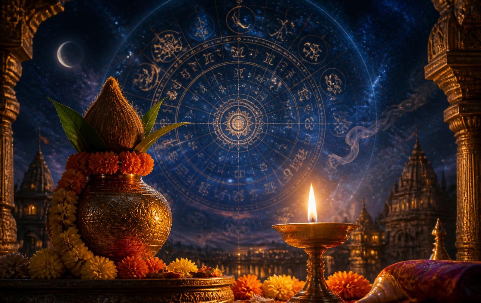 A lit ghee lamp and kalash beneath a luminous nakshatra wheel